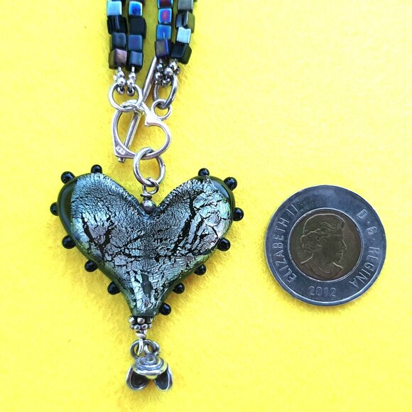 Vintage 925 Silver Handcrafted Art Glass Hematite Boho Heart Statement Necklace - Picture 6 of 14